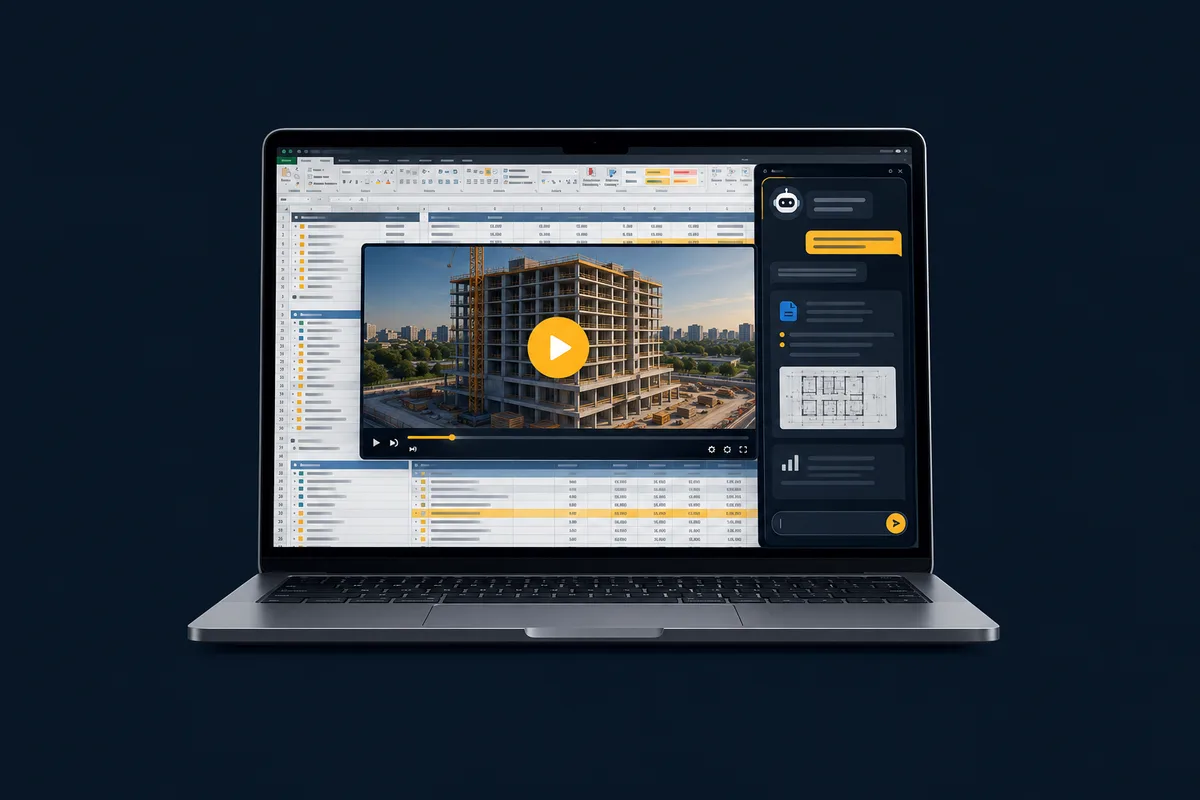 Notebook com aula em vídeo e assistente de inteligência artificial ao lado de uma planilha de orçamento