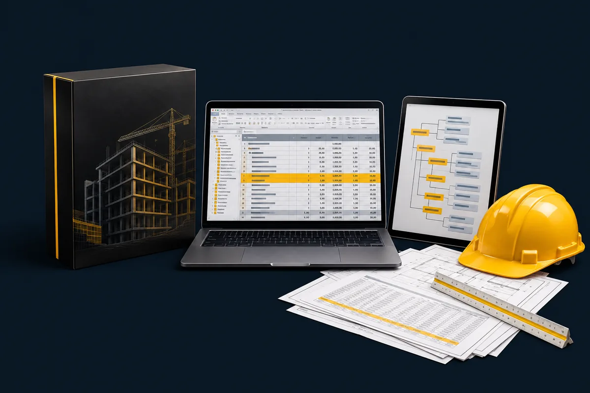 Kit Profissional ECAD: planilha de orçamento no notebook, estrutura analítica no tablet, memorial impresso e capacete