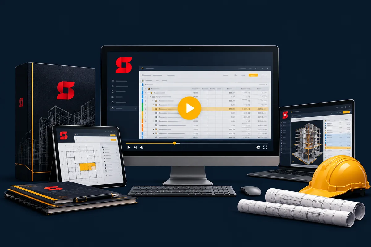 Aula em vídeo de orçamento no Sienge, em computador, tablet e notebook